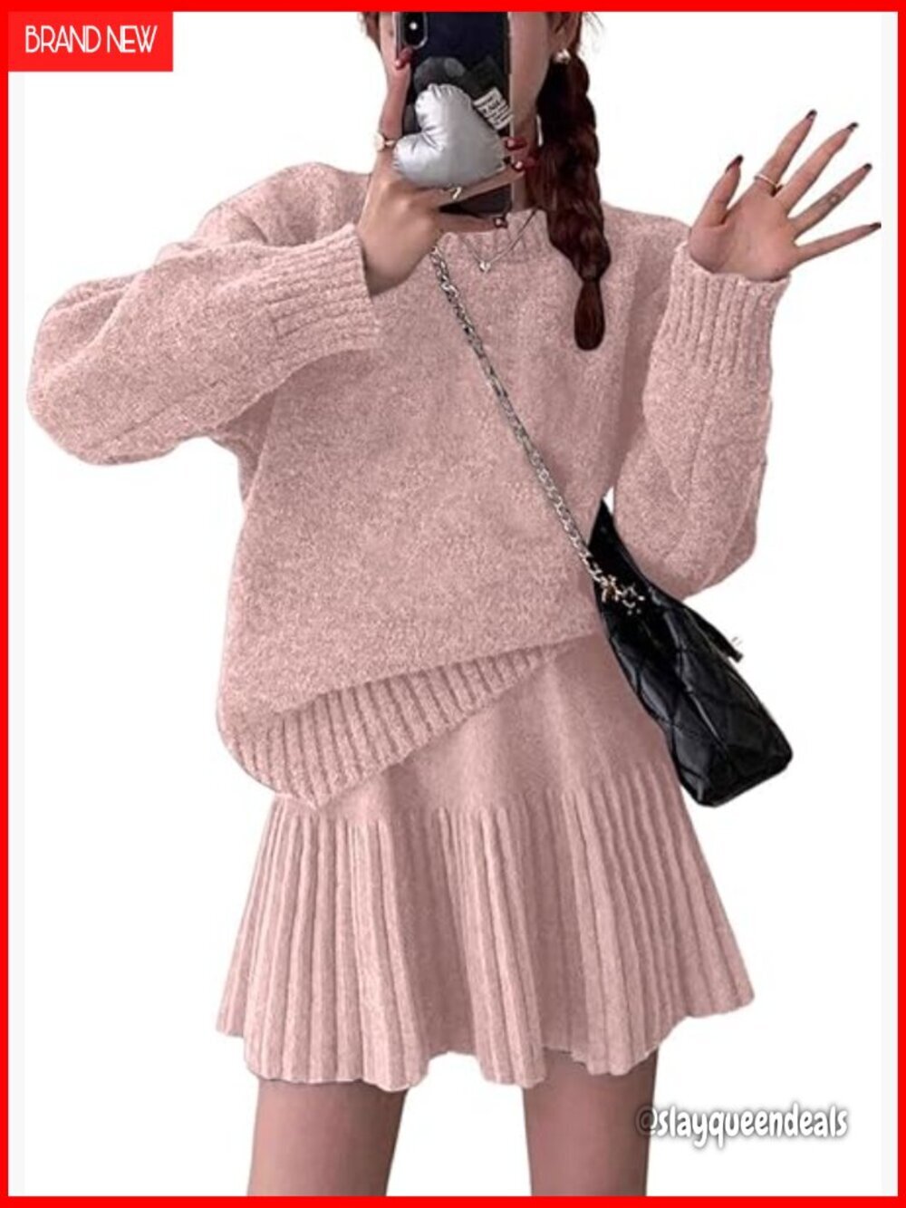Oversized Pullover Sweater and Pleated Mini Skirt 2-Piece Set Large